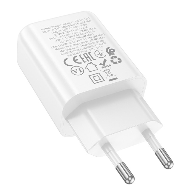 Φορτιστής Ταξιδίου Hoco N61 Gentle με 2 Εξόδους Φόρτισης USB-C και USB-A 20W 5V 3.0A  Λευκός