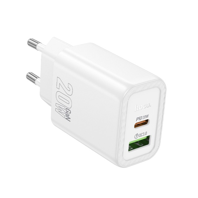 Φορτιστής Ταξιδίου Hoco N61 Gentle με 2 Εξόδους Φόρτισης USB-C και USB-A 20W 5V 3.0A  Λευκός