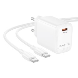 Φορτιστής Ταξιδίου Borofone BN28 Fuente USB-C 30W + Καλώδιο Φόρτισης USB-C σε USB-C Λευκός