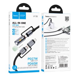 Καλώδιο σύνδεσης Hoco U138 USB-C/iP σε USB-C/Φακό 3A 1.2m Braided Μαύρο