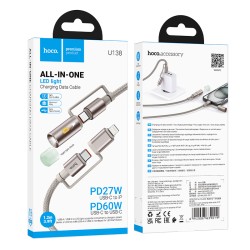Καλώδιο σύνδεσης Hoco U138 USB-C/iP σε USB-C/Φακό 3A 1.2m Braided Γκρι