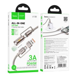 Καλώδιο σύνδεσης Hoco U138 USB-C/USB-A σε USB-C/Φακό 3A 1.2m Braided Γκρι