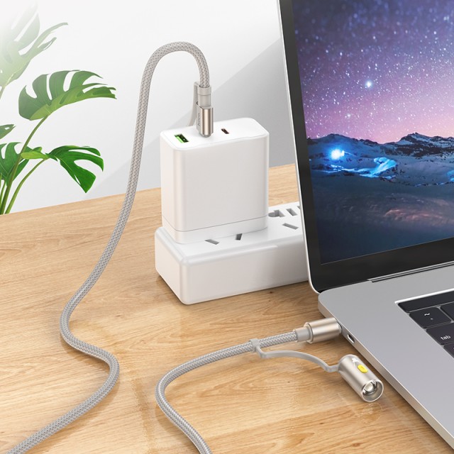 Καλώδιο σύνδεσης Hoco U138 USB-C/USB-A σε USB-C/Φακό 3A 1.2m Braided Γκρι