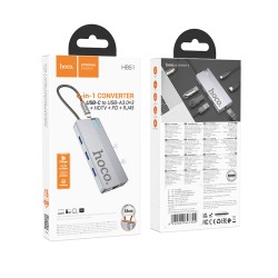 USB Hub Hoco HB51 Wow 6-in-1 USB-C σε HDTV+RJ45+PD+ 3 x USB 3.0 Γκρι 18cm