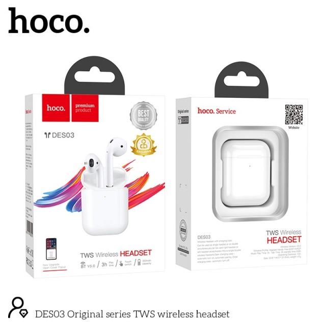 Wireless Hands Free Hoco DES03 Plus TWS V5.0  350mAh και 3h Ώρες Λειτουργίας Λευκά με Μαύρο Silicon Sleeve