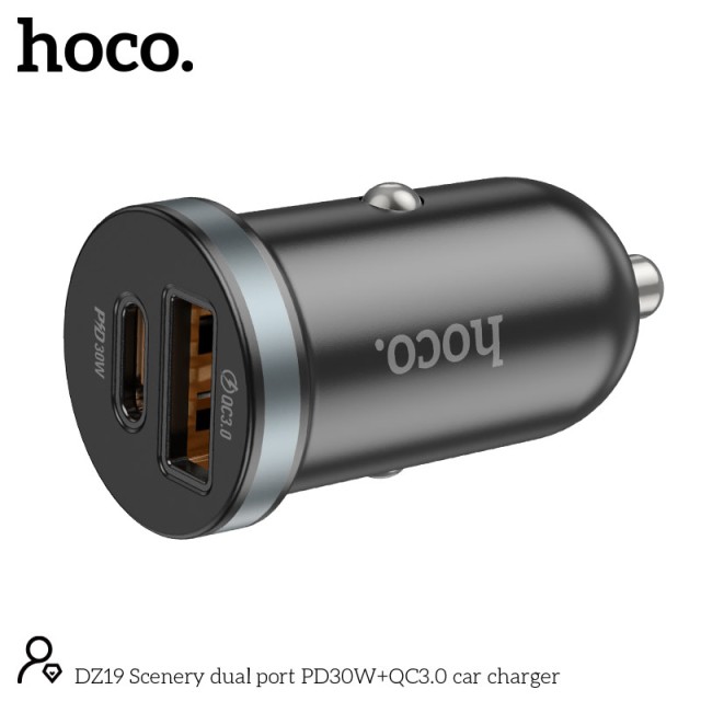 Φορτιστής Αυτοκινήτου Hoco DZ19 Scenery Dual Port USB-A και USB-C 30W 5V3A Μαύρος