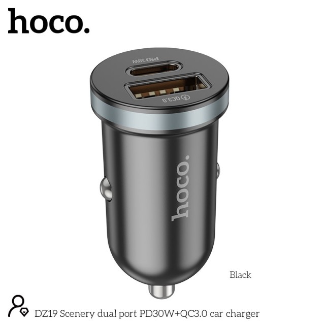 Φορτιστής Αυτοκινήτου Hoco DZ19 Scenery Dual Port USB-A και USB-C 30W 5V3A Μαύρος