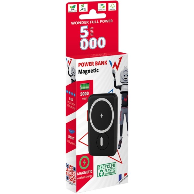 Power Bank Wonder WX5MAG 5000mAh με 1 x USB-C Έξοδο και Ασύρματη Φόρτιση 15W Μαύρο