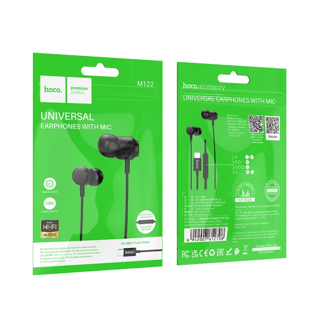 Hands Free Hoco M122 Power Earphones Stereo USB-C με Μικρόφωνο και Πλήκτρο Λειτουργίας 1.2m Μαύρα Συμβατά με Συσκευές USB-C