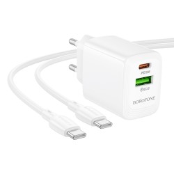 Φορτιστής Ταξιδίου Borofone BN29 Fuente GaN με 1xUSB-C PD30W και 1xUSB-A QC3.0A + Καλώδιο Φόρτισης USB-C σε USB-C Λευκός