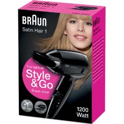Πιστολάκι Μαλλιών Ταξιδίου Braun BRHD130 Satin Hair 1 Style & Go 1200W με 2 Επίπεδα Θέρμανσης και Ιονική Λειτουργία Μαύρο
