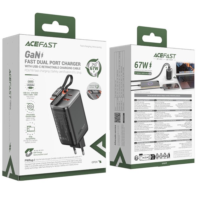 Φορτιστής Ταξιδίου Acefast A111 Fast Charging USB-C και USB-A PD67W QC3.0 GaN και Αναδιπλούμενο Καλώδιο USB-C 0.65m Μαύρος