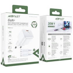 Φορτιστής Ταξιδίου Acefast A77 Mini Fast Charging 1xUSB-C PD30W QC3.0 GaN Λευκός + Καλώδιο USB-C σε USB-C