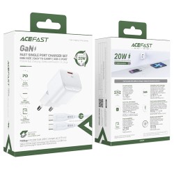 Φορτιστής Ταξιδίου Acefast A73 Mini Fast Charging 1xUSB-C PD20W QC3.0 GaN Λευκός + Καλώδιο USB-C σε USB-C