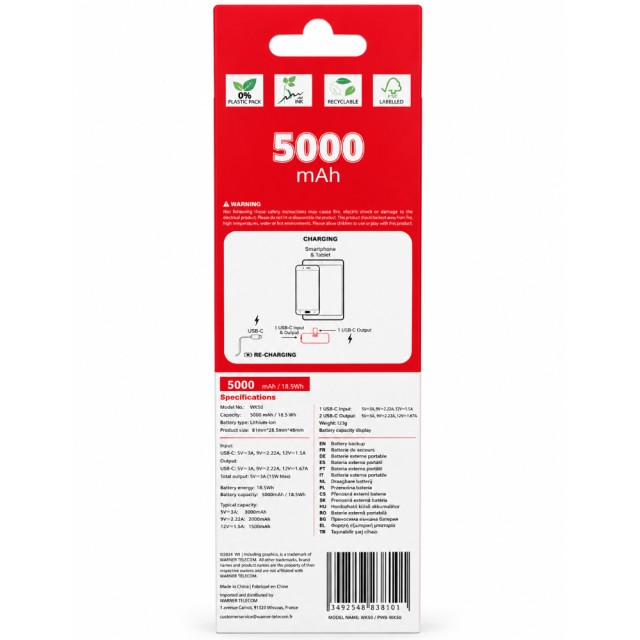 Power Bank Wonder WX5D Extra Compact 5000mAh PD18W USB-C με LED Ένδειξη Φόρτισης