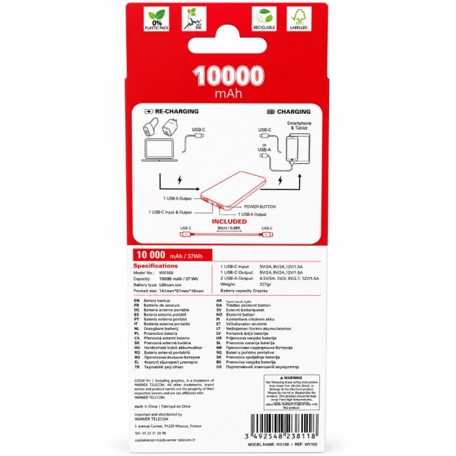 Power Bank Wonder WX10D Ultra Thin 10000mAh Fast Charge PD 22.5W 1xUSB-C και 2xUSB-A με LED Ένδειξη Φόρτισης