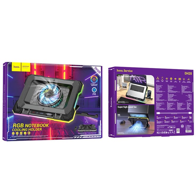 Laptop Cooler Hoco DH20 Μαύρο RGB με Ανεμιστήρακι 2200Rpm και Stand Κινητού για Φορητούς Υπολογιστές έως 19"