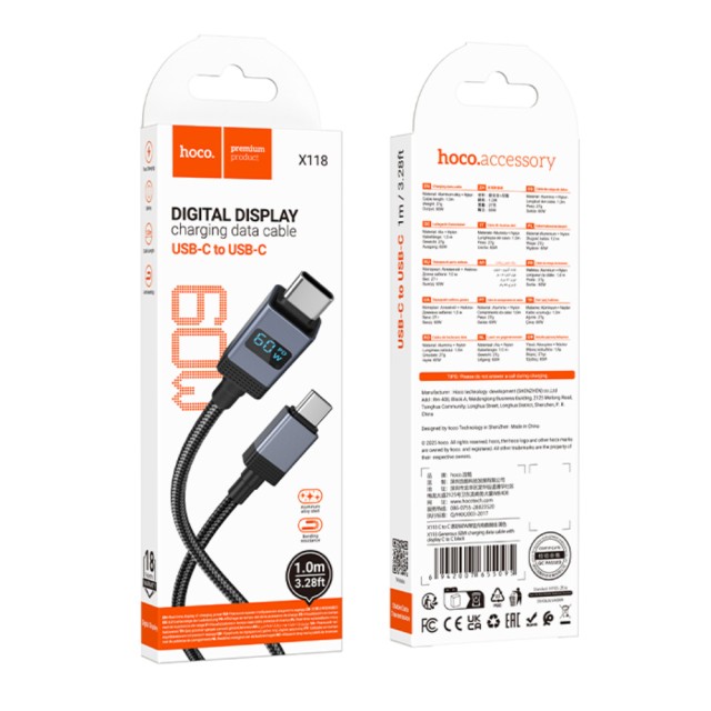 Καλώδιο X118 Generous USB-C σε USB-C 60W Fast Charging 3A με Ένδειξη Φόρτισης Braided Μαύρο 1m