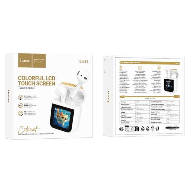 Wireless Hands Free Hoco EW86 Cat v5.4 300mAh 3.5 Ώρες Ομιλίας Σύστημα Εύρεσης Ακουστικού και Οθόνη Αφής Λευκά