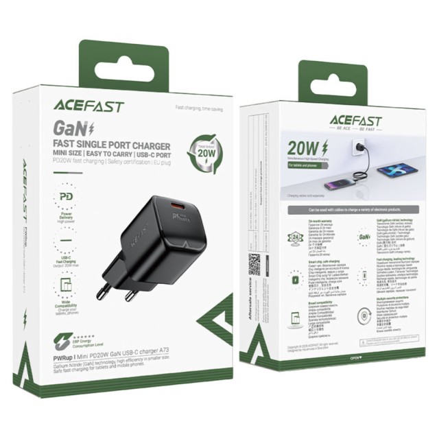 Φορτιστής Ταξιδίου Acefast A73 Mini Fast Charging 1xUSB-C PD20W QC3.0 GaN Μαύρος