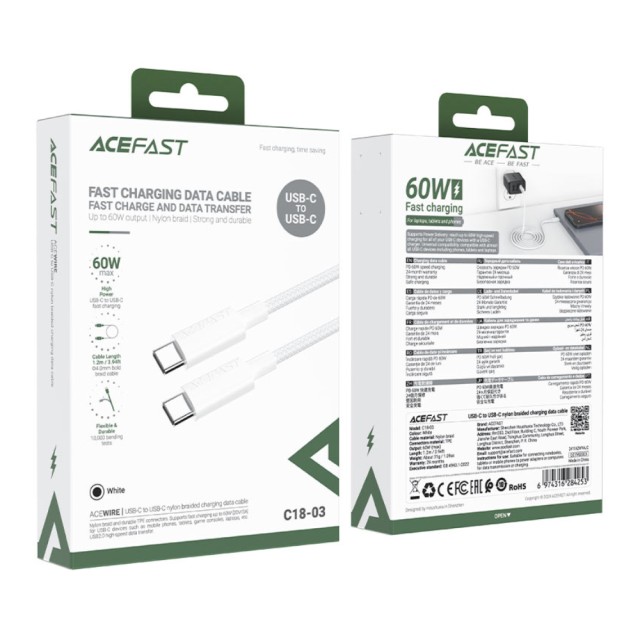 Καλώδιο Acefast C18-03 USB-C σε USB-C 60W 20V/3A USB2.0 Braided Λευκό 1.2m