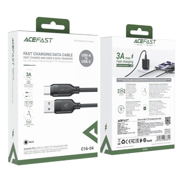 Καλώδιο Acefast C16-04 USB-A σε USB-C 3A USB2.0 με Ενισχυμένους Κονέκτορες Μαύρο 1.2m