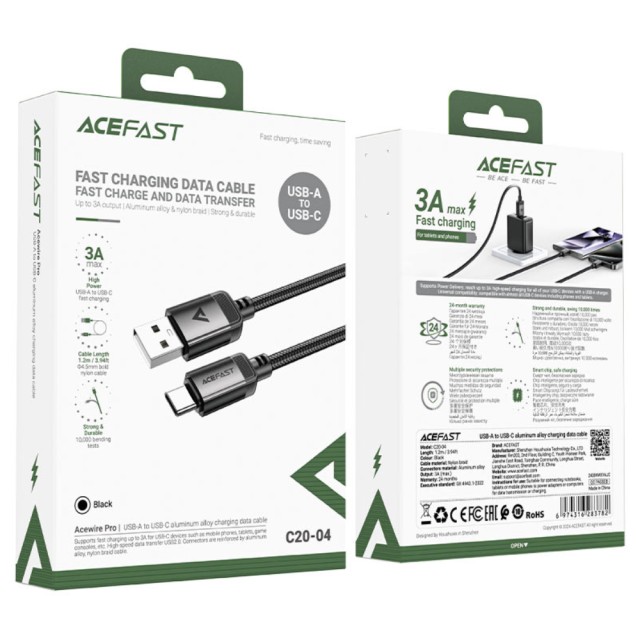 Καλώδιο Acefast C20-04 Μεταλλικό USB-A σε USB-C 3A USB2.0 Braided Μαύρο 1.2m