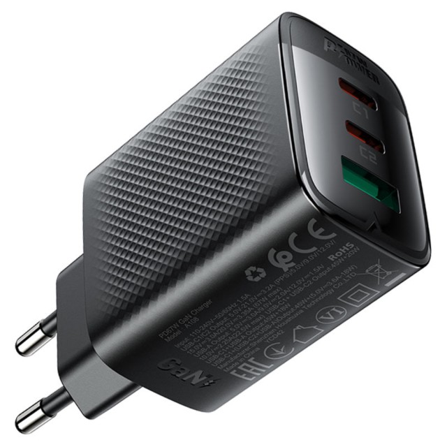 Φορτιστής Ταξιδίου Acefast A108 Fast Charging με 2xUSB-C + 1xUSB-A PD67W GaN Μαύρος