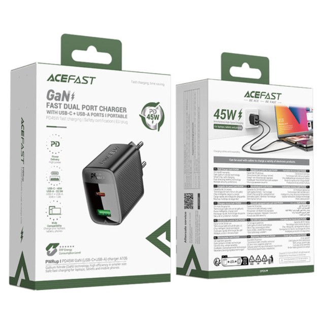 Φορτιστής Ταξιδίου Acefast A106 Fast Charging με 1xUSB-C + 1xUSB-A PD45W GaN Μαύρος