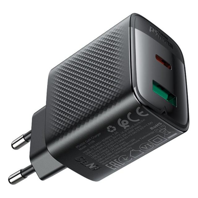 Φορτιστής Ταξιδίου Acefast A106 Fast Charging με 1xUSB-C + 1xUSB-A PD45W GaN Μαύρος