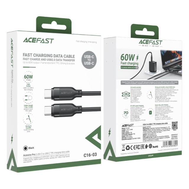 Καλώδιο Acefast C16-03 USB-C σε USB-C 60W 3A USB2.0 Μαύρο 1.2m