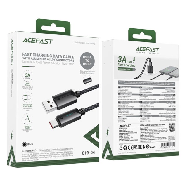 Καλώδιο Acefast C19-04 Μεταλλικό USB-A σε USB-C 3.0A Γρήγορη Φόρτιση USB2.0 με Ένδειξη Φόρτισης Braided Μαύρο 1.2m