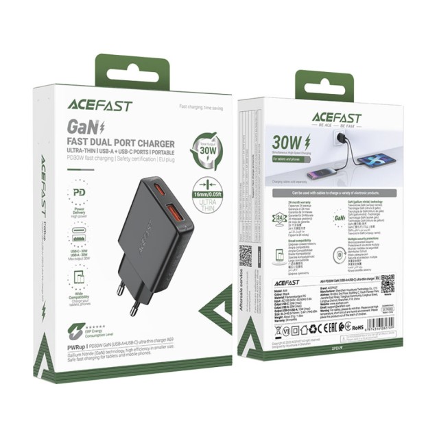 Φορτιστής Ταξιδίου Acefast  A69 GaN Mini με 1xUSB-A + 1xUSB-C PD30W Μαύρος