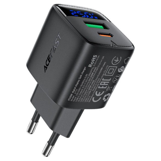 Φορτιστής Ταξιδίου Acefast A114 Fast Charging 1xUSB-A + 1xUSB-C PD25W QC3.0 GaN με LED Ένδειξη Μαύρος