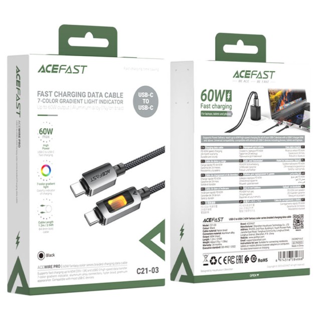 Καλώδιο Acefast C21-03 USB-C σε USB-C 60W 3A Fast Charge USB2.0 με LED Φωτισμό Braided Μαύρο 1.2m