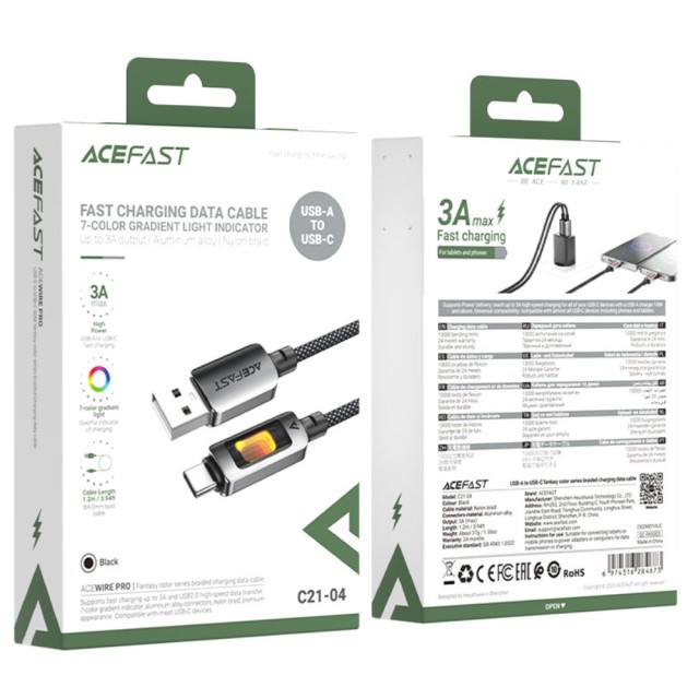 Καλώδιο Acefast C21-04 USB-A σε USB-C 3A Fast Charge USB2.0 με LED Φωτισμό Braided Μαύρο 1.2m