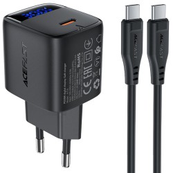 Φορτιστής Ταξιδίου Acefast A115 Fast Charging USB-C PD30W 3.0A GaN με LED Ένδειξη Φόρτισης + Καλώδιο USB-C σε USB-C Μαύρος