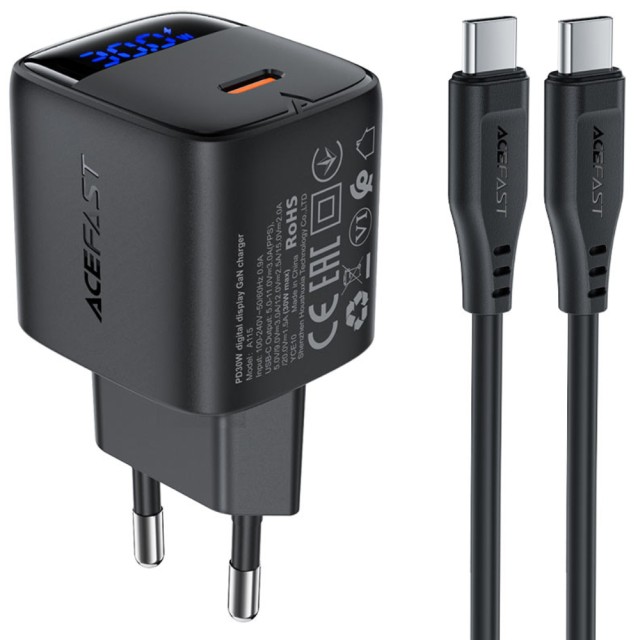Φορτιστής Ταξιδίου Acefast A115 Fast Charging USB-C PD30W 3.0A GaN με LED Ένδειξη Φόρτισης + Καλώδιο USB-C σε USB-C Μαύρος