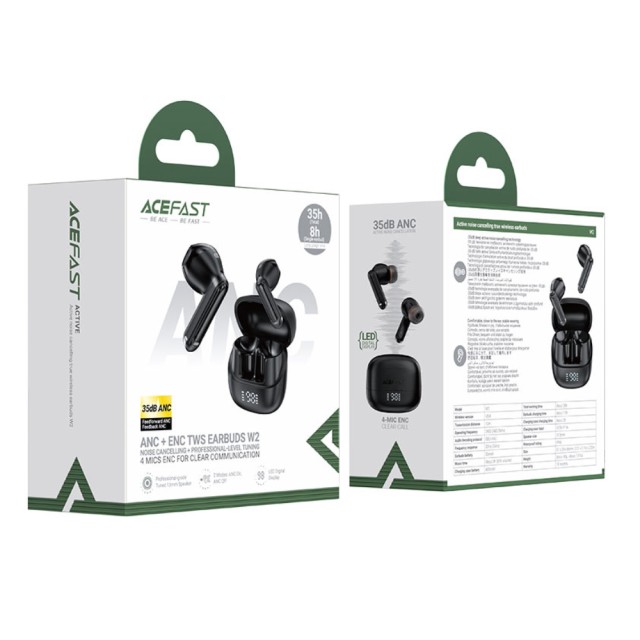 Wireless Earphones Hands Free Acefast W2 TWS v5.4 400mAh 8hr Λειτουργίας ANC και 4-Mic ENC Τεχνολογία IPX4 με LED Display Μαύρα