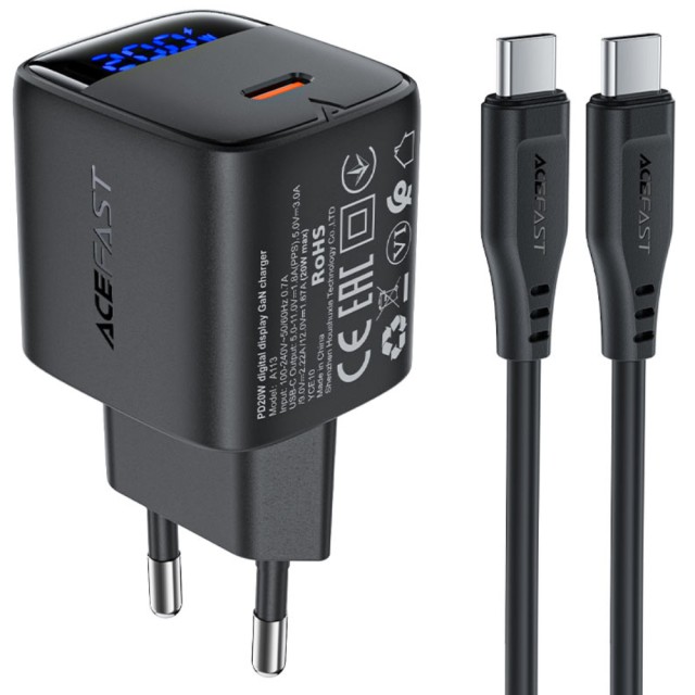 Φορτιστής Ταξιδίου Acefast A113 Fast Charging USB-C PD20W GaN με Digital Ένδειξη Φόρτισης + Καλώδιο USB-C σε USB-C Μαύρος