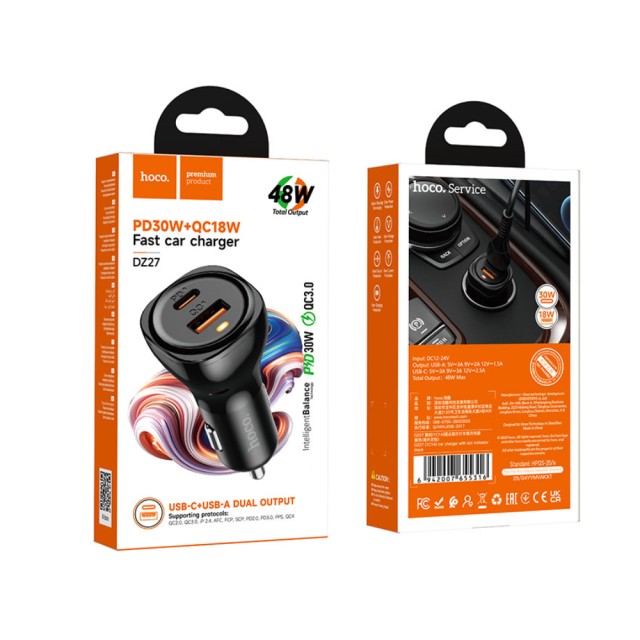Φορτιστής Αυτοκινήτου Hoco DZ27 48W 1xUSB-C PD30W 1xUSB-A QC3.0 και Ένδειξη Λειτουργίας Μαύρος