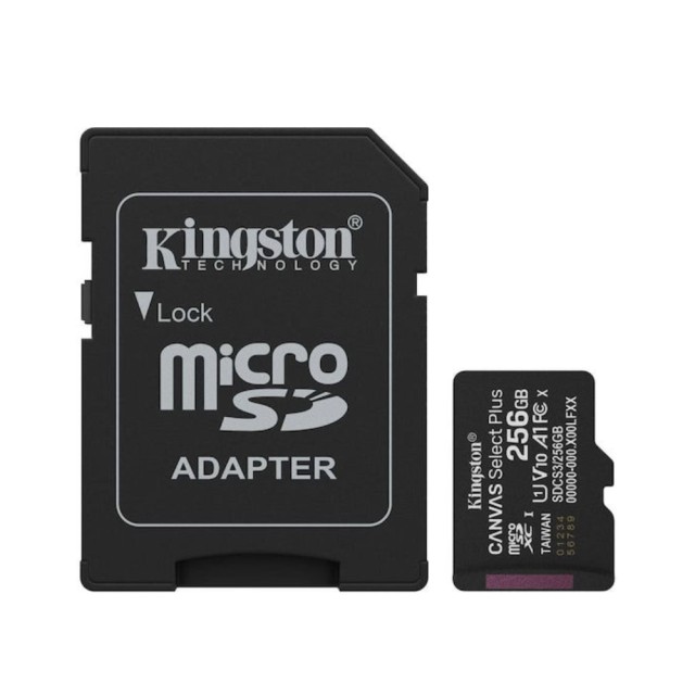 Κάρτα Μνήμης Kingston Canvas Select Plus+ MicroSDXC 256GB Class 10 με SD Adapter έως 150MB/s SDCS3/256GB