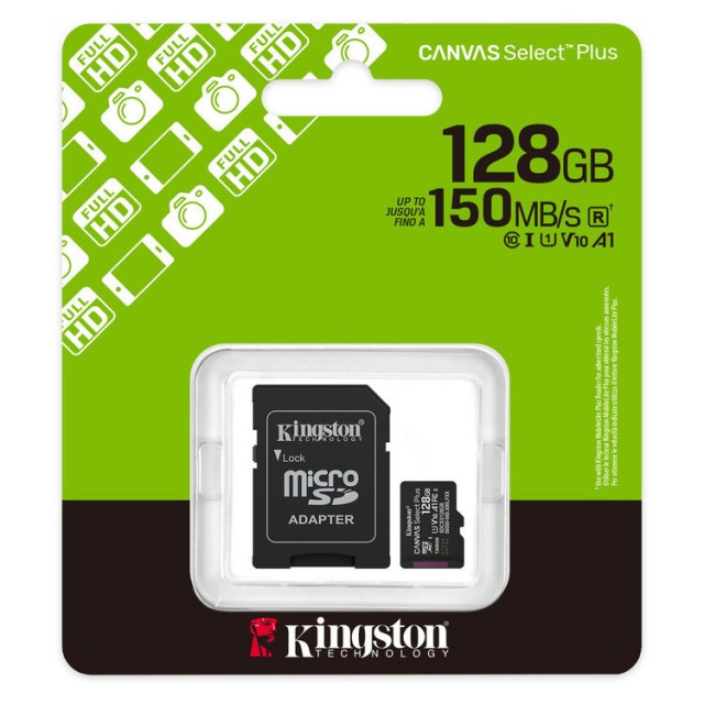 Κάρτα Μνήμης Kingston Canvas Select Plus+ MicroSDXC 128GB Class 10 με SD Adapter έως 150MB/s SDCS3/128GB