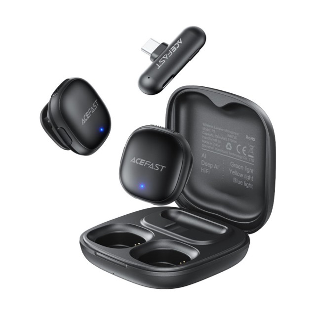 Σετ 2 Μικρόφωνα Πέτου Lavalier Acefast R1 HD AI Μείωση Θορύβου, Ακτίνα 50m και 48hr Διάρκεια Μπαταρίας με USB-C Transmitter και Θήκη Φόρτισης Μαύρο