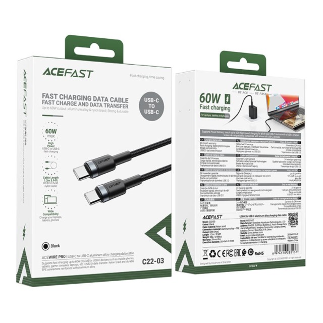 Καλώδιο Σύνδεσης Acefast C22-03 USB-C σε USB-C Braided USB2.0 3A 60W 1.2m Μαύρο