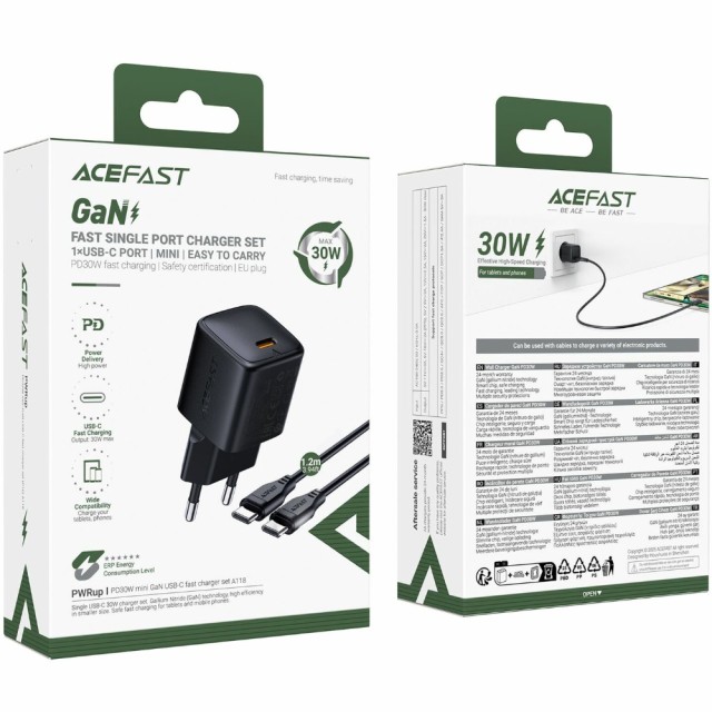 Φορτιστής Ταξιδίου Acefast A118 Mini Fast Charging 1xUSB-C PD30W QC3.0 GaN με USB-C σε USB-C Καλώδιο 1.2m Μαύρος
