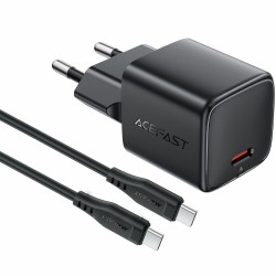 Φορτιστής Ταξιδίου Acefast A118 Mini Fast Charging 1xUSB-C PD30W QC3.0 GaN με USB-C σε USB-C Καλώδιο 1.2m Μαύρος