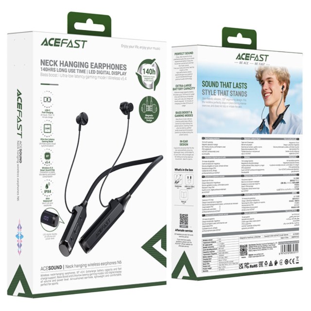 Wireless Earphones Hands Free Acefast N6 Magnetic v5.4 1000mAh 130hr Αναπαραγωγής IPX4 Μαύρα