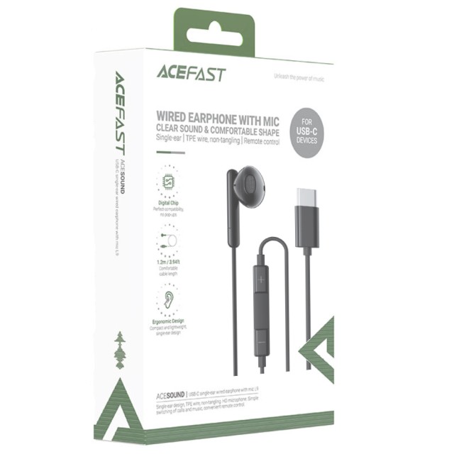 Hands Free Acefast L9 Μονό Ακουστικό USB-C με HD Μικρόφωνο Συμβατά με Όλες τις Συσκευές USB-C Μαύρα 1.2m