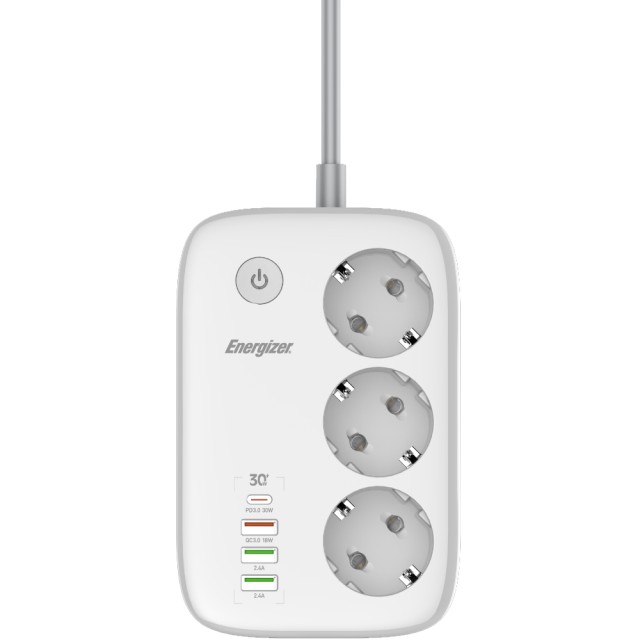 Επιτραπέζιος Φορτιστής Energizer EPB2500W02EU 2500W 10A Max με 3xΣούκο + 1xUSB-C + 3xUSB-A / 2.4A, Διακόπτη Ασφαλείας On/Off, Έλεγχο μέσω WiFi, Καλώδιο 2m Λευκός